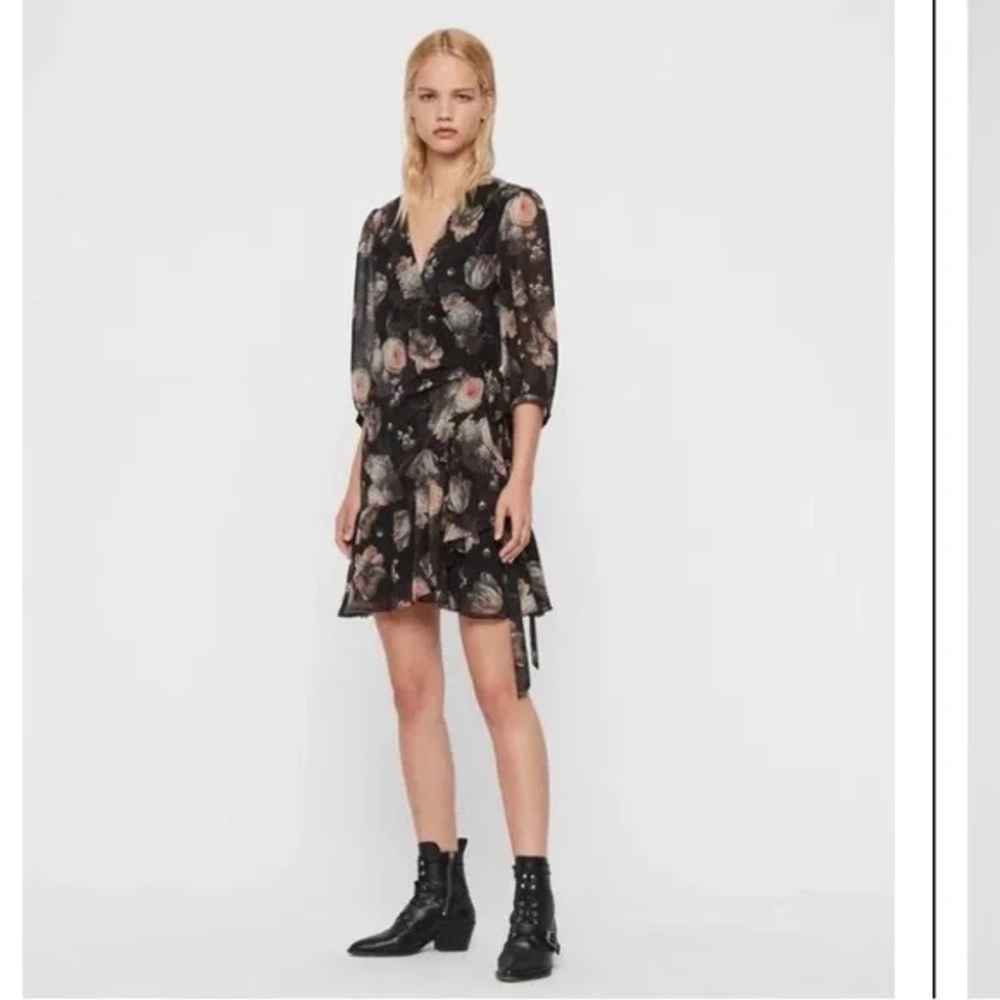 ALL SAINTS Jade Eden floral wrap mini dress size‎ XS black long sleeve